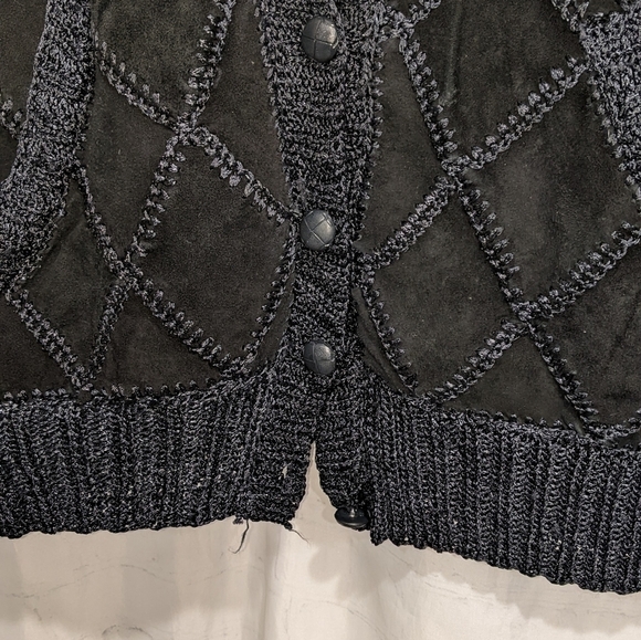 Vintage 70s Suede Patchwork Jacket Batwing Crochet Button-Down Black Boho Sz M - Picture 3 of 11